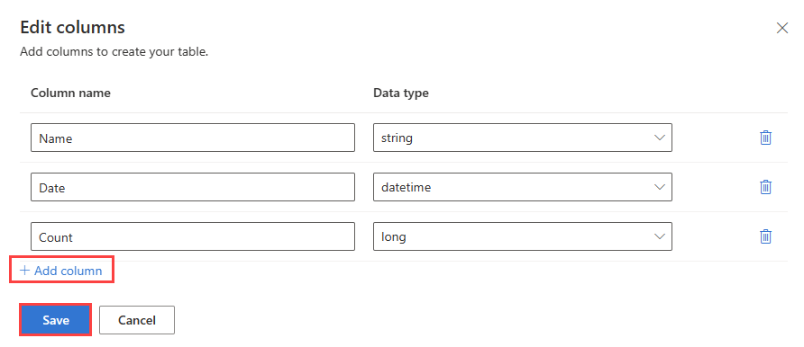Azure Veri Gezgini'da sütun adını ve veri türünü girdiğiniz Sütunları düzenle bölmesinin ekran görüntüsü.
