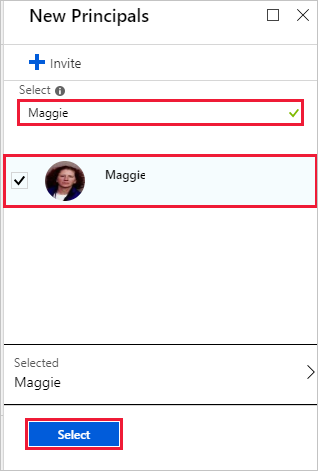Screenshot of the Azure portal New Principals page. A principal name and image are selected and highlighted. The Select button is also highlighted.