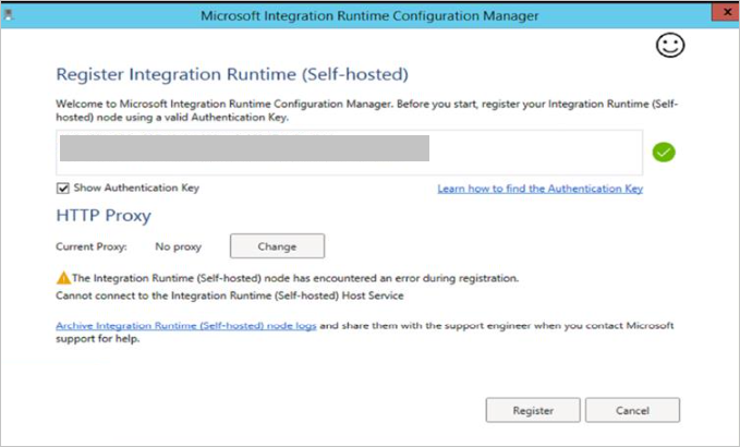 IR kayıt hatasını gösteren Integration Runtime Configuration Manager penceresinin ekran görüntüsü.