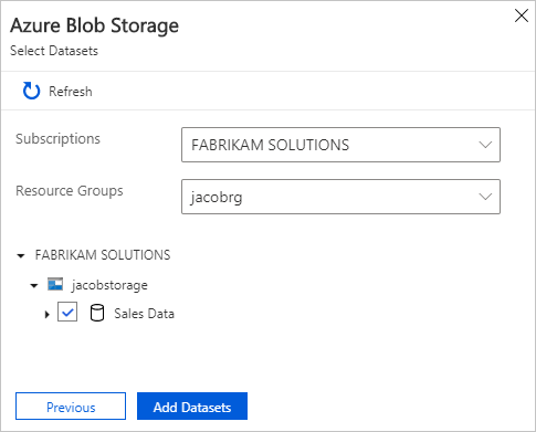 Screenshot shows the Add Blob Storage pane where you can select data.