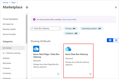 Screenshot showing the Azure Data Box Gateway included in the Azure search results.