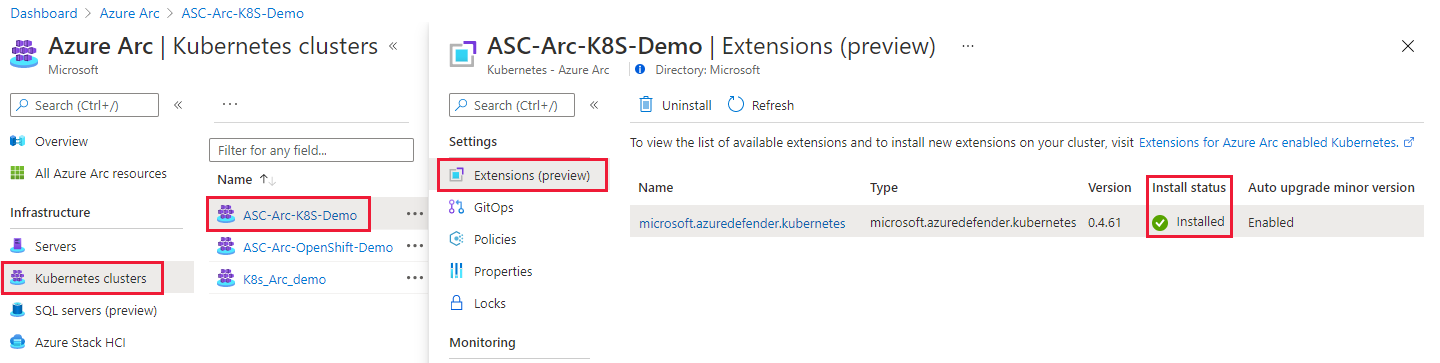 Azure Arc page for checking the status of all installed extensions on a Kubernetes cluster.