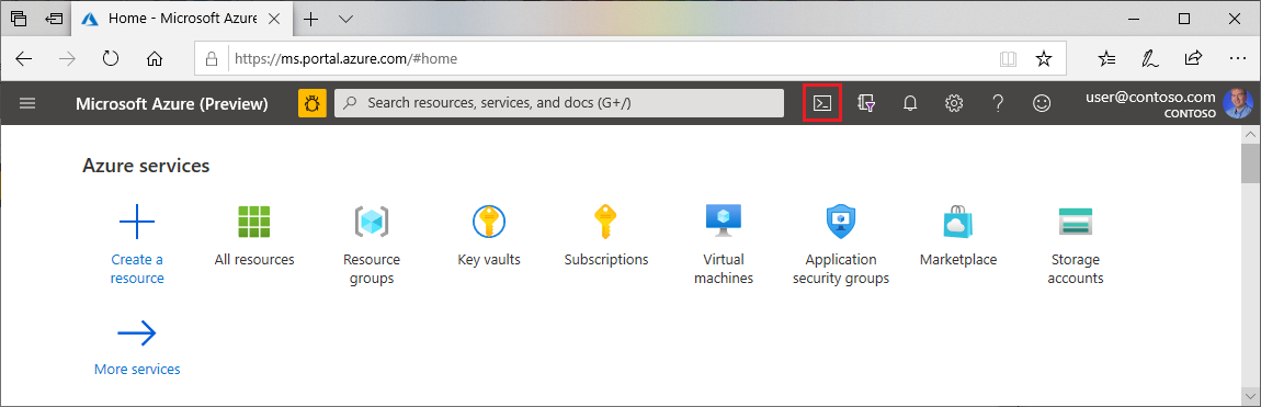 Open Cloud Shell from the top menu in the Azure portal.