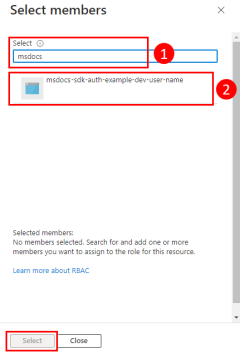 Üye seç iletişim kutusunda uygulamanın Microsoft Entra grubunu filtrelemeyi ve seçmeyi gösteren ekran görüntüsü.