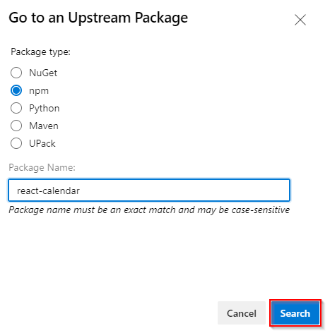 A screenshot showing how to search for a package in upstream sources.