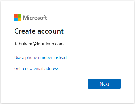 Create account dialog for Azure DevOps with valid email address.