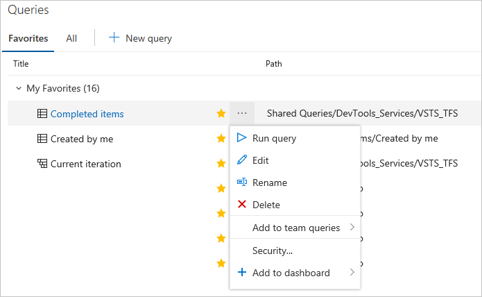 New query experience, Favorites page, query context menu