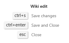 Azure DevOps 2019 düzenleme Wiki sayfası klavye kısayollarını gösteren ekran görüntüsü.