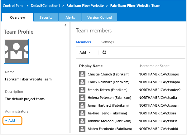 Screenshot of Web portal, TFS 2015, Open team administration context.