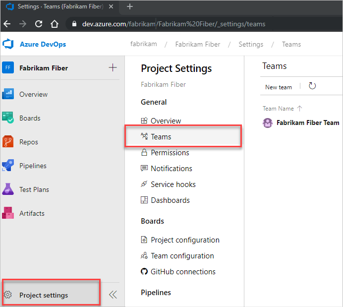 Screenshot of Open Project settings button, and then Teams button selection on Current page