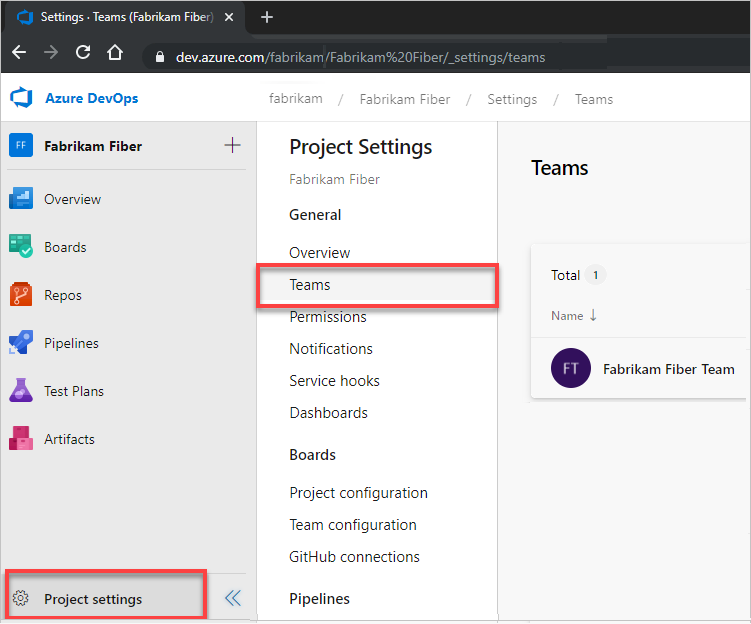 Screenshot of Open Project settings, and then Teams buttons on New Teams page
