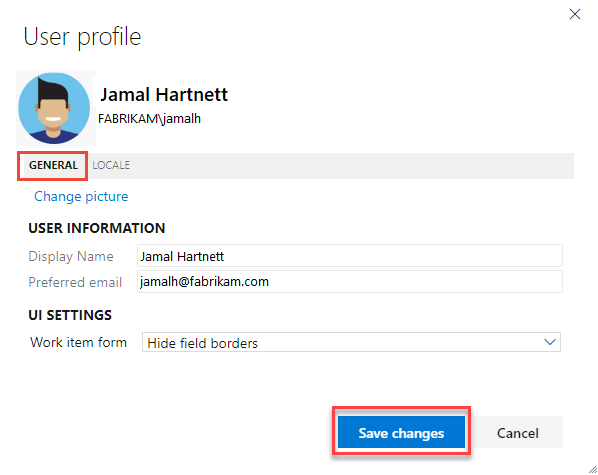 Kullanıcı Profili iletişim kutusu, Genel sekmesinin ekran görüntüsü.