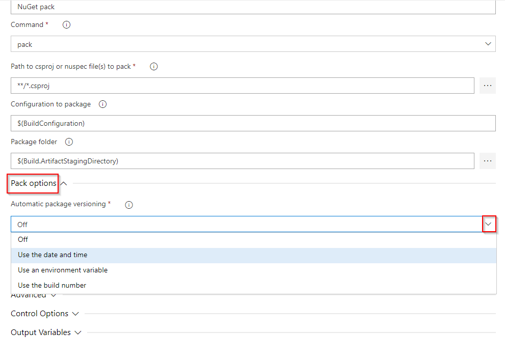 NuGet görevinde paket sürümü oluşturmayı etkinleştirmeyi gösteren ekran görüntüsü.