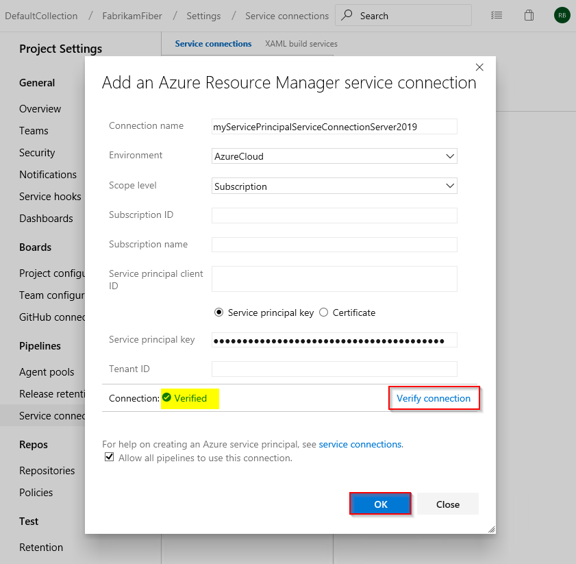 Azure DevOps Server 2019'da hizmet sorumlusu kullanarak yeni bir ARM hizmet bağlantısı oluşturmayı gösteren ekran görüntüsü.