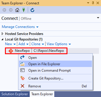 Visual Studio 2019'da 'Ekip Gezgini' görünümünün 'Bağlan' görünümünün 'Yerel Git Depoları' bölümündeki yeni depo girişinin ve bağlam menüsünün ekran görüntüsü.