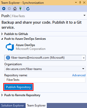Visual Studio 2019'daki 'Team Explorer' görünümünün 'Eşitleme' görünümündeki Azure DevOps kuruluş ve depo adı seçeneklerinin ve 'Depoyu Yayımla' düğmesinin ekran görüntüsü.
