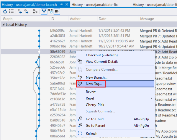Visual Studio geçmiş görünümünden etiket oluşturun.