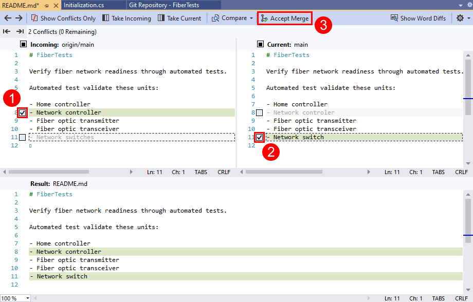 Visual Studio'daki birleştirme düzenleyicisinin ekran görüntüsü.