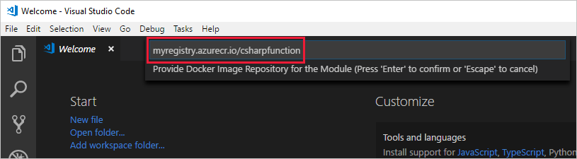 Visual Studio Code'da Docker görüntü deponuzun adının nereye ekleneceğini gösteren ekran görüntüsü.