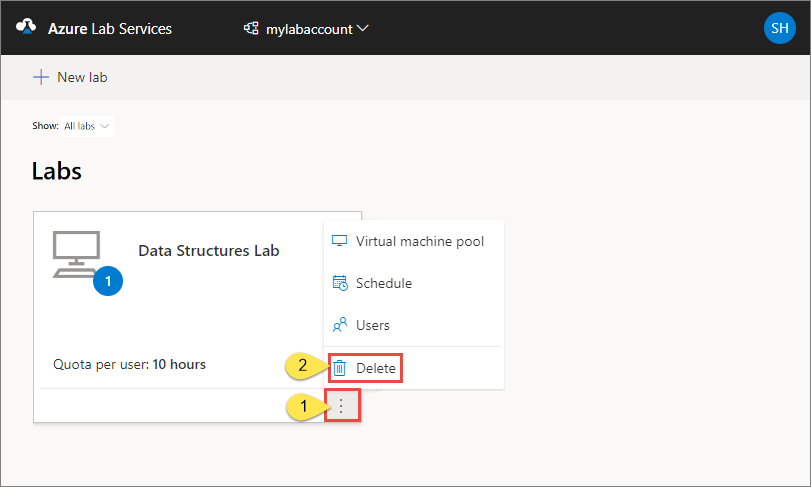Azure Lab Services web sitesindeki laboratuvar listesini gösteren ve Sil düğmesini vurgulayan ekran görüntüsü.