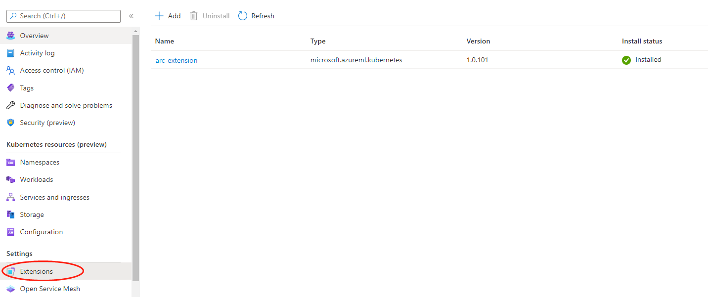 Screenshot of installed AzureML extensions listing in Azure portal.