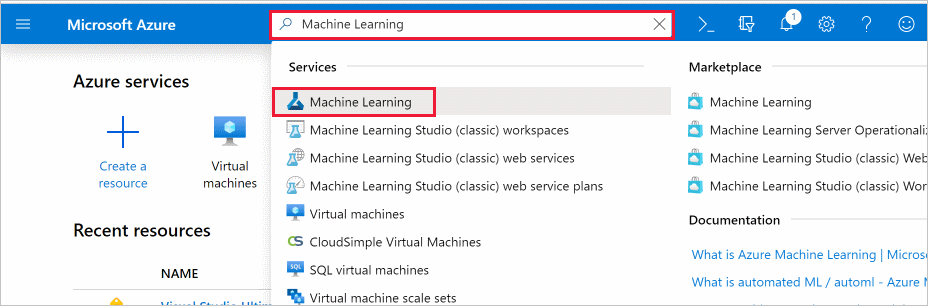 Azure Machine Learning çalışma alanını arama işleminin ekran görüntüsü.
