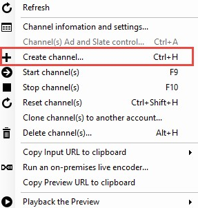 Screenshot shows Create channel selected from a menu.