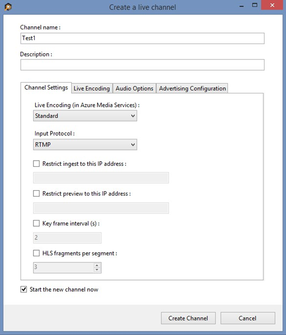 Screenshot shows the Create a live channel dialog box.