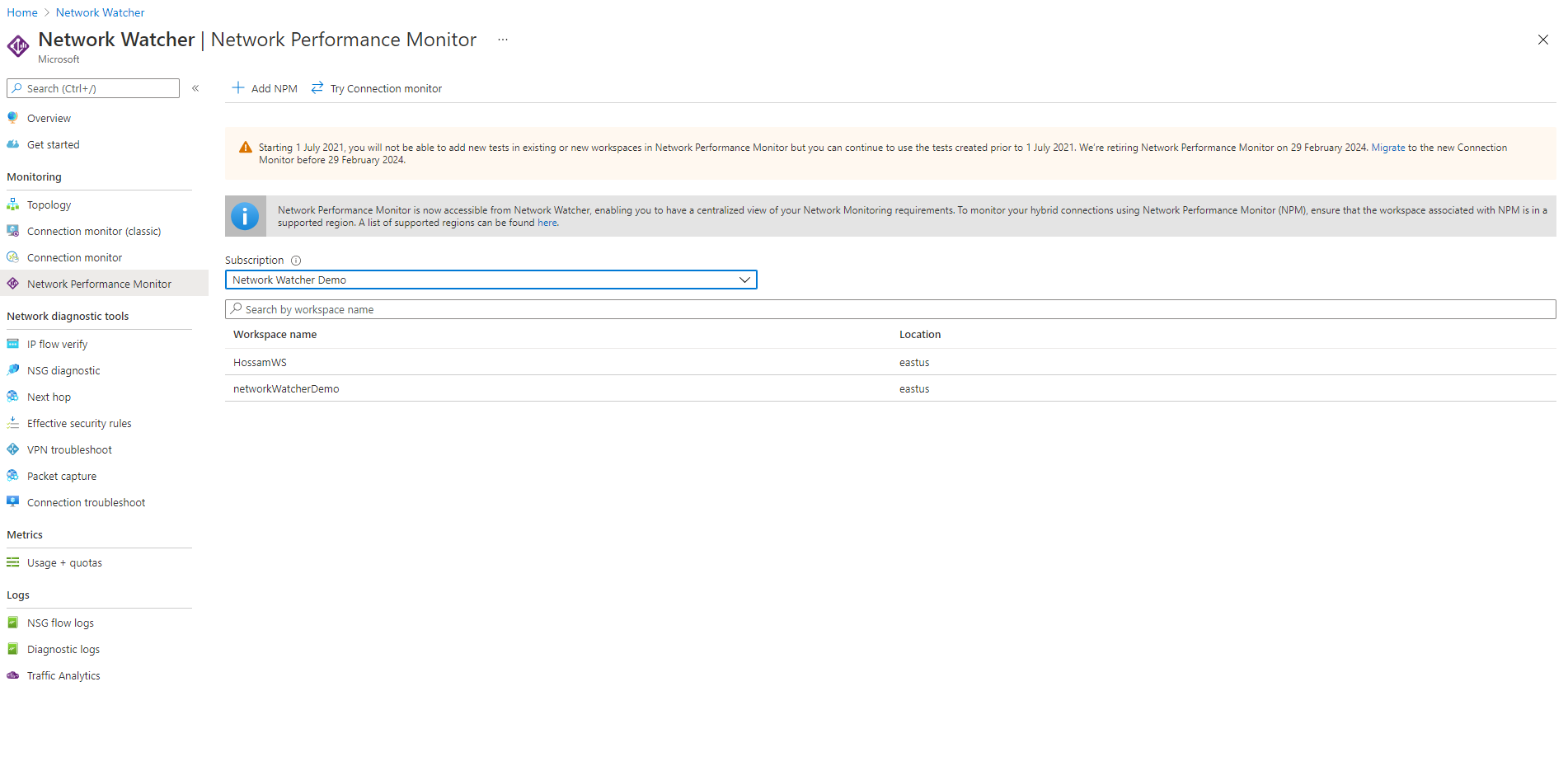 Screenshot showing how to add the NPM solution in Connection Monitor.