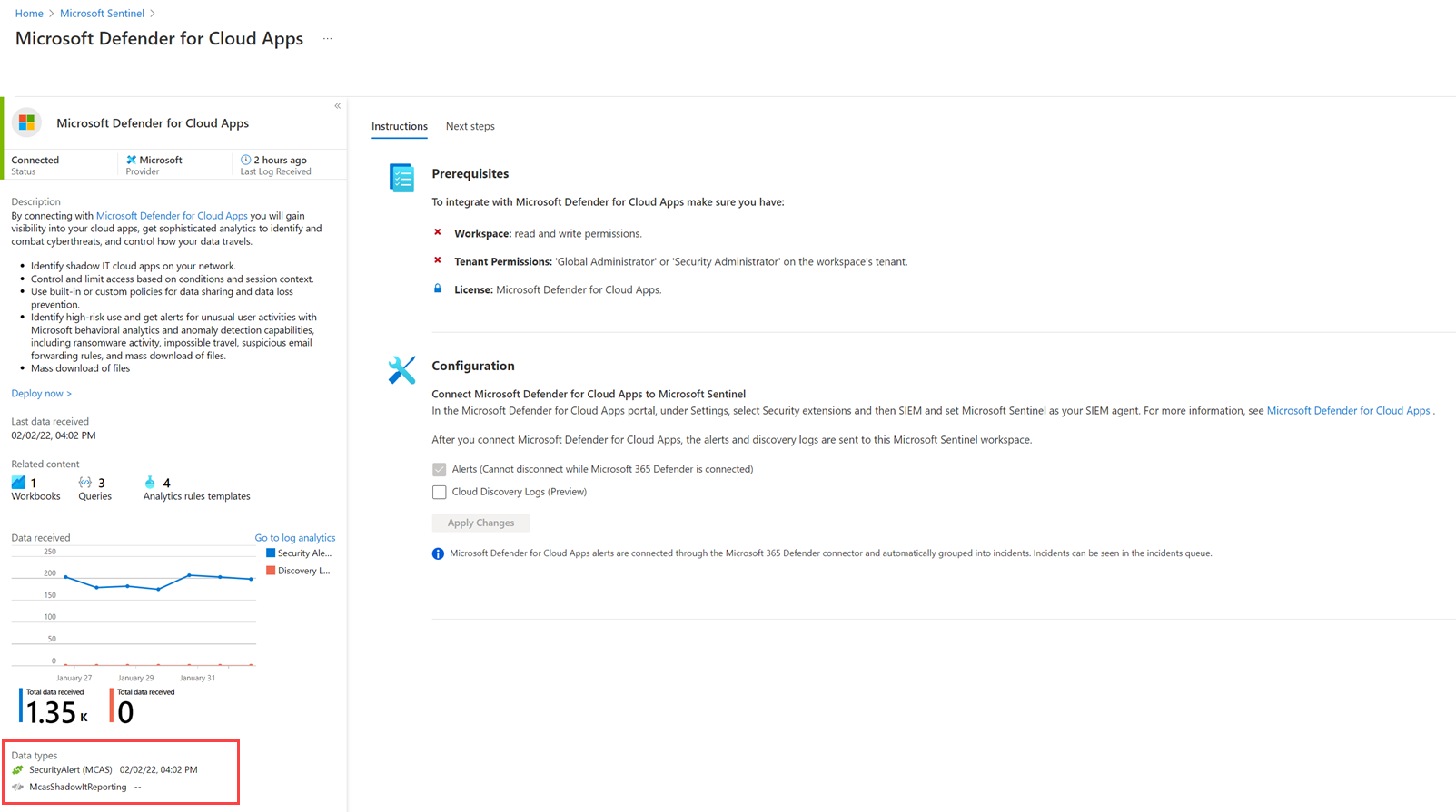 Screenshot of the Data connector page for Defender for Cloud Apps, with the free security alerts selected and the paid M C A S Shadow I T Reporting not selected.