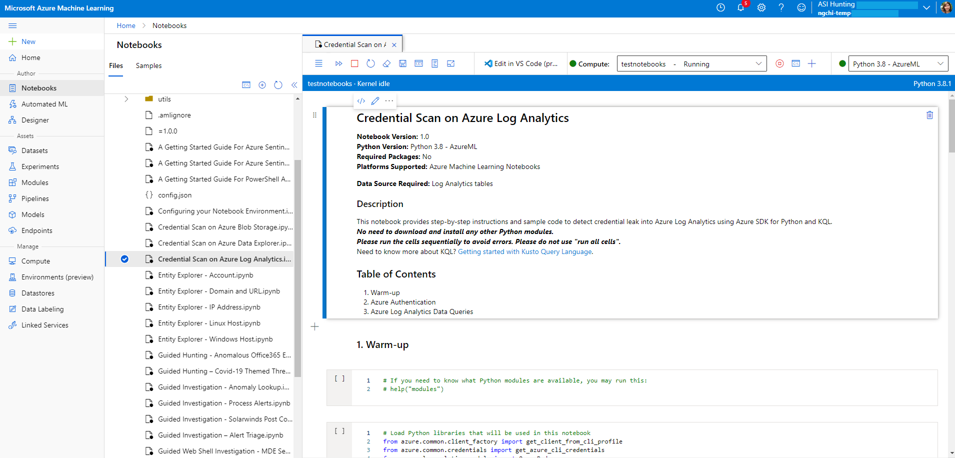 Azure Machine Learning çalışma alanında Sentinel not defterinin ekran görüntüsü.