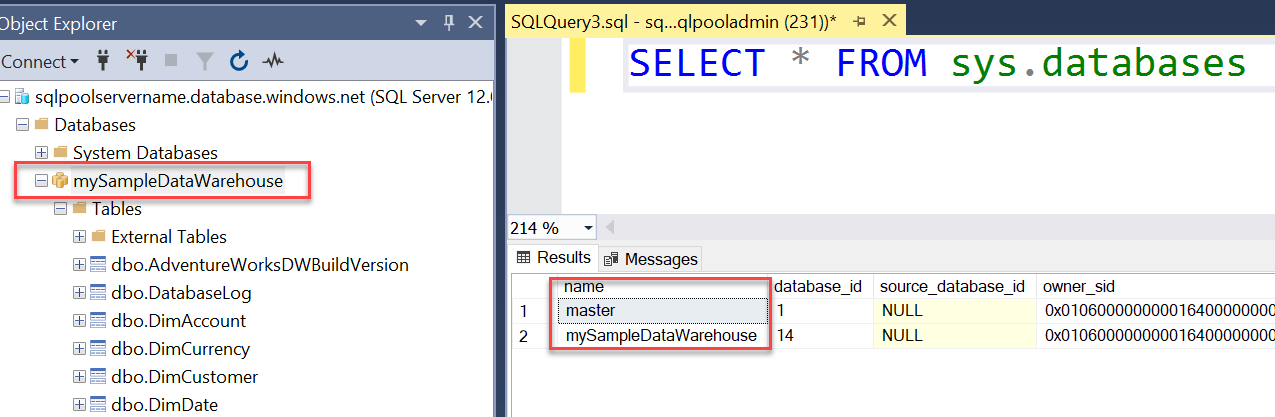 SQL Server Management Studio (SSMS) ekran görüntüsü. SSMS'de, sonuç kümesinde master ve mySampleDataWarehouse değerlerini gösteren veritabanlarını sorgulayın.