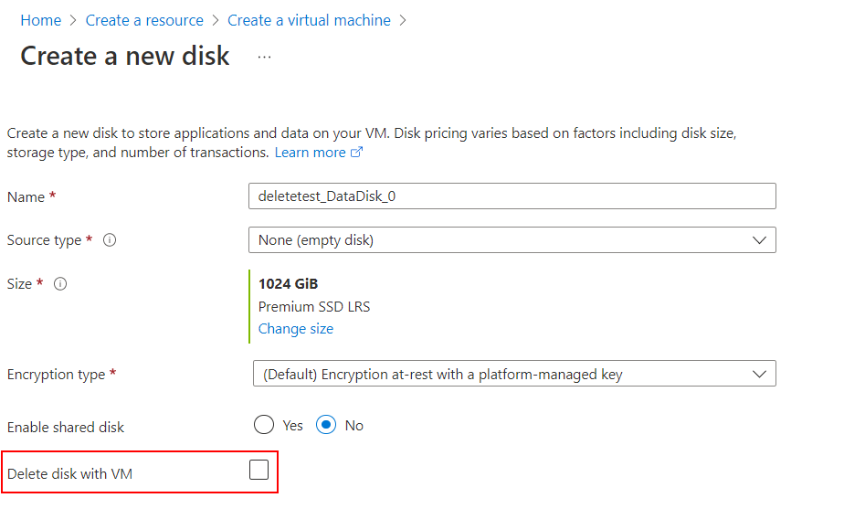 Screenshot showing a checkbox to choose to delete the data disk when the VM is deleted.