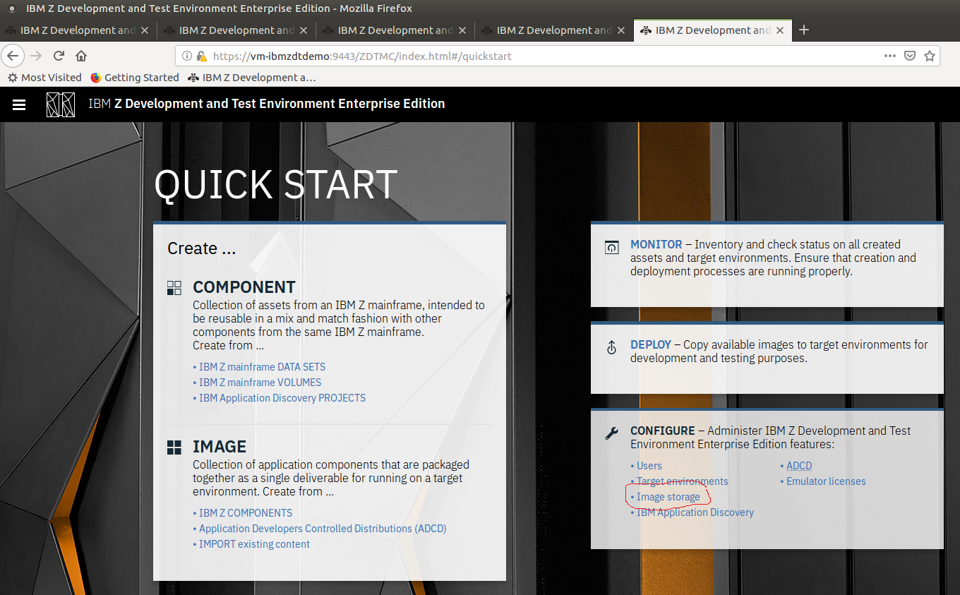 IBM zD&T Enterprise Edition Quick Start screen