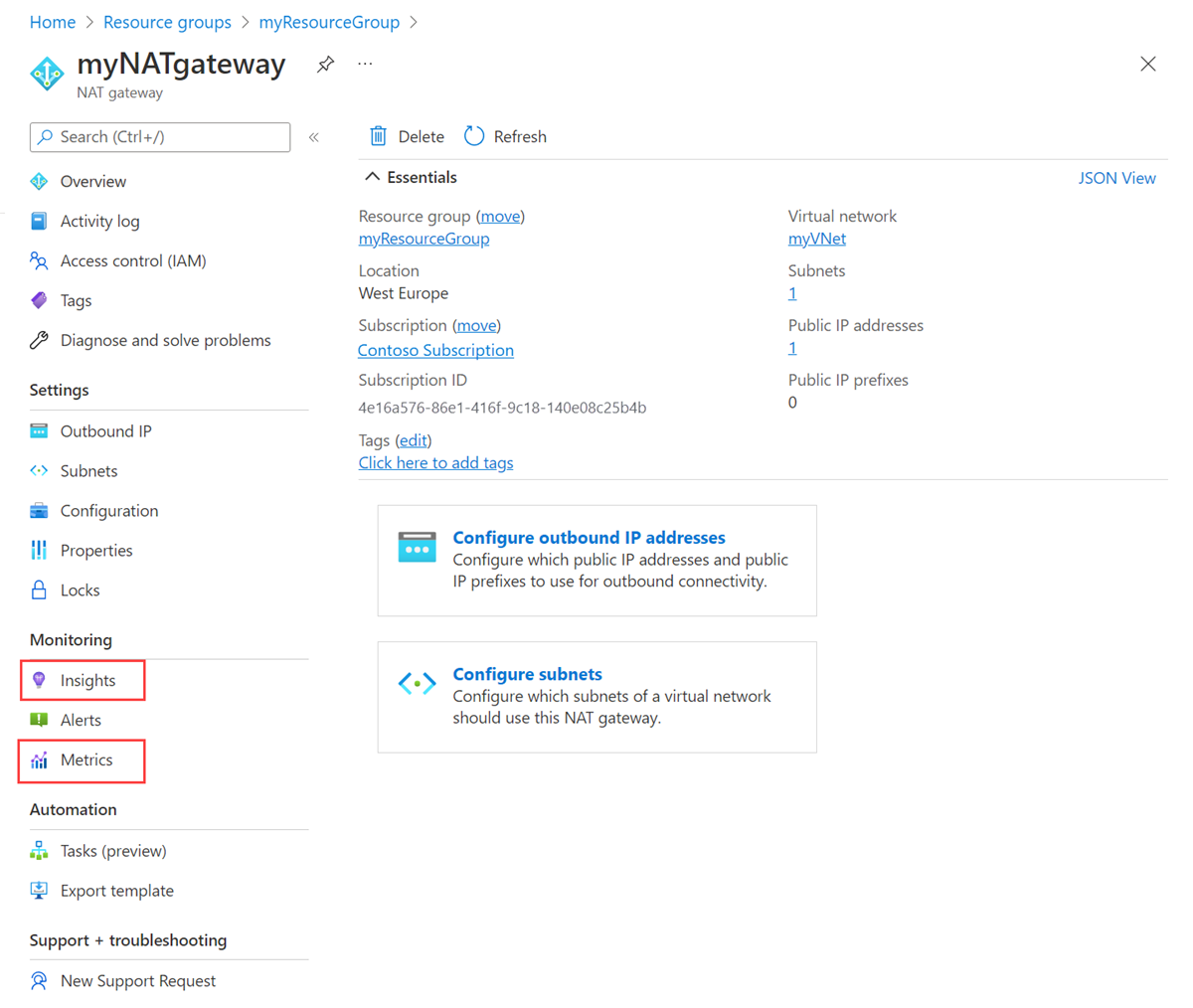 Screenshot of the insights and metrics options in NAT gateway overview.