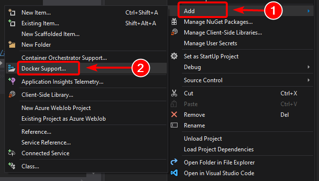 Screenshot showing the Docker Support option in the Add menu.