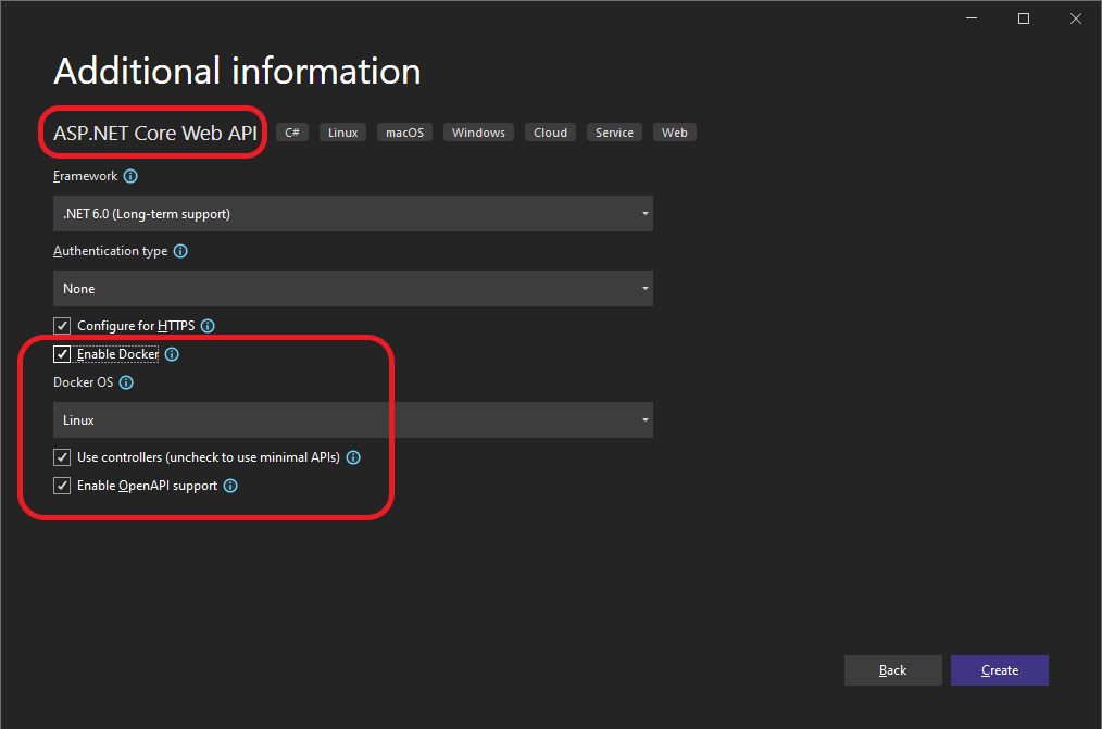 Screenshot showing Enable Docker Support check box.