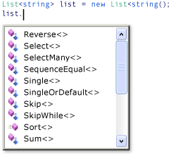 Screenshot showing all the standard query operators in Intellisense.