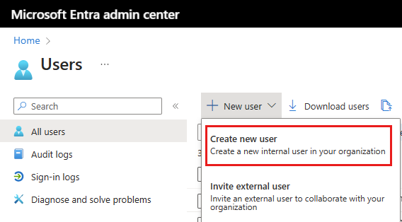 Microsoft Entra Id'de yeni kullanıcı oluştur menüsünün ekran görüntüsü.