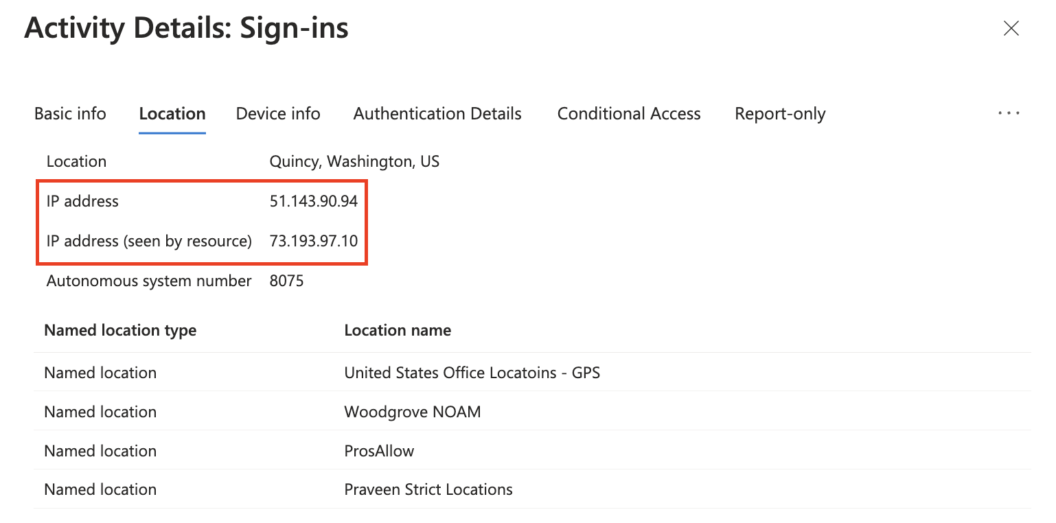 Hem IP adresini hem de kaynak tarafından görülen IP adresini içeren oturum açma günlüğü girişinin ekran görüntüsü.
