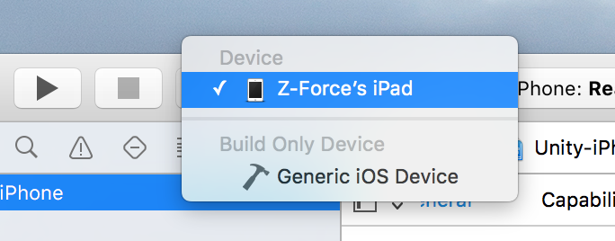 iOS project settings: select device