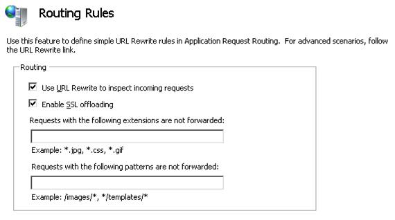 Screenshot of the Routing Rules page. The checkboxes next to Use U R L Rewrite to inspect incoming requests and Enable S S L offloading are both checked.