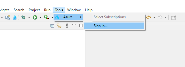 Eclipse IDE'de Azure'da oturum açın.