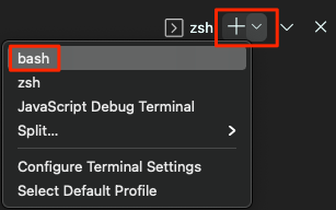 Visual Studio Code'da Bash kabuğunu seçme işleminin ekran görüntüsü.