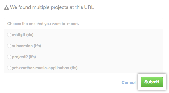 Screenshot of a selection of projects found at the same URL. project importer.