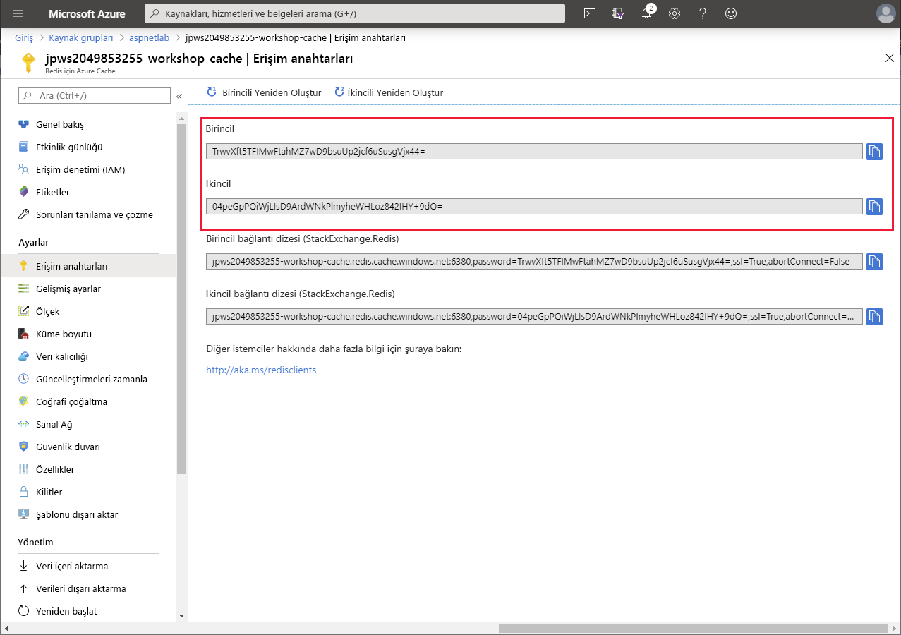 Screenshot showing the Access keys page for the cache in the Azure portal. The access keys are highlighted.