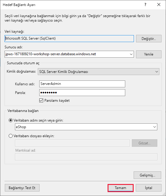 Screenshot of the Destination Connection String dialog box with the settings required to connect to the eShop database running in Azure SQL Database.