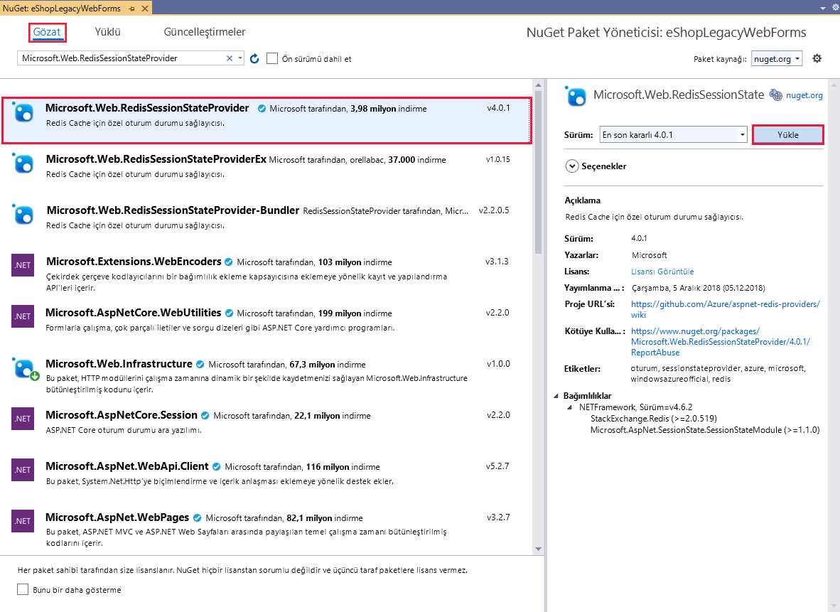 Screenshot of the NuGet Package Manager window installing the Microsoft.Web.RedisSessionStateProvider package.