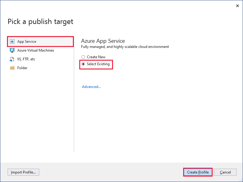 Screenshot of the Pick a publish target window, preparing to create a new profile for publishing the web app to Azure App Service.