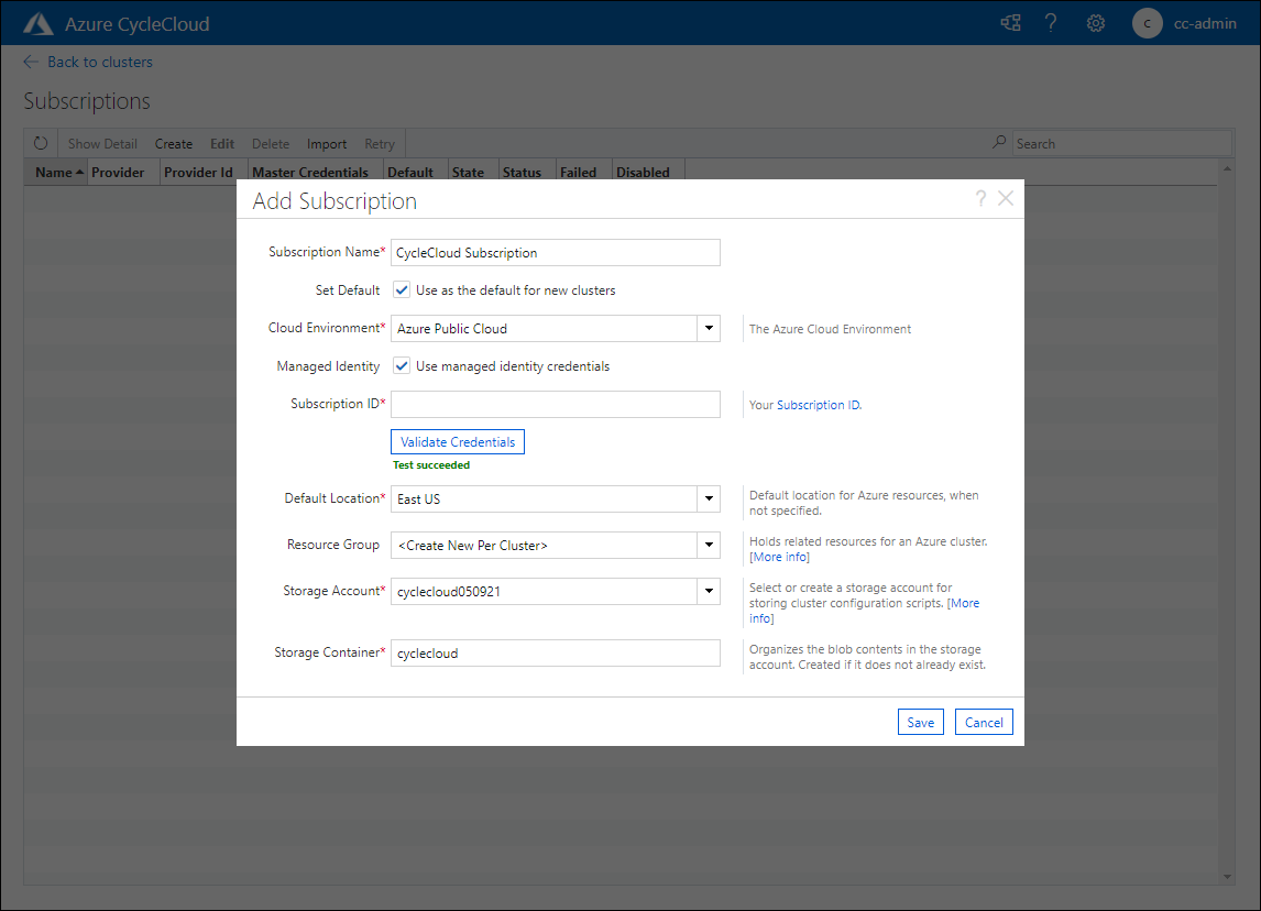 The screenshot depicts the Add Subscription pop-up window in front of the Azure CycleCloud web application.